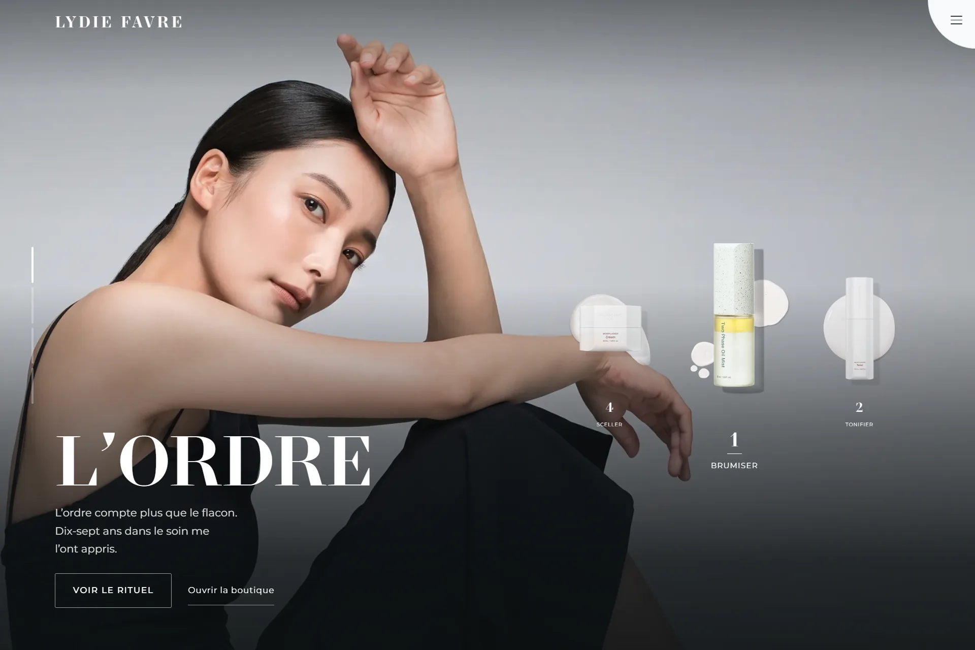 Aperçu du site Lydie Favre : titre « L'ordre », portrait et les quatre étapes du rituel de soin