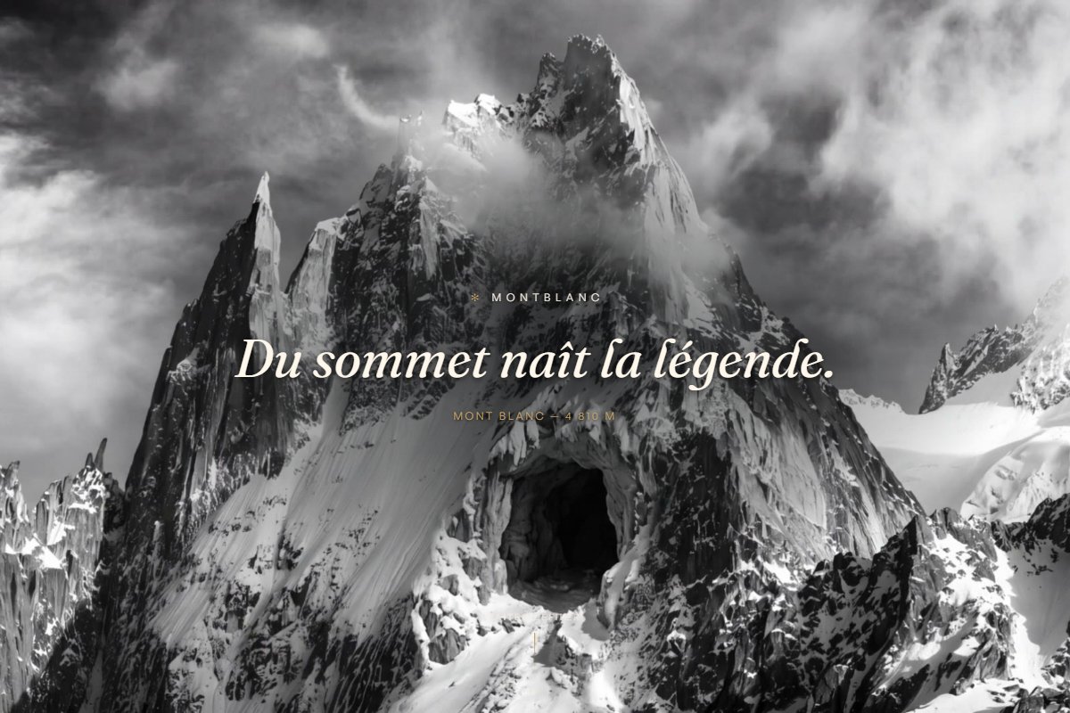 Aperçu du site Montblanc : page d'accueil immersive en noir et blanc