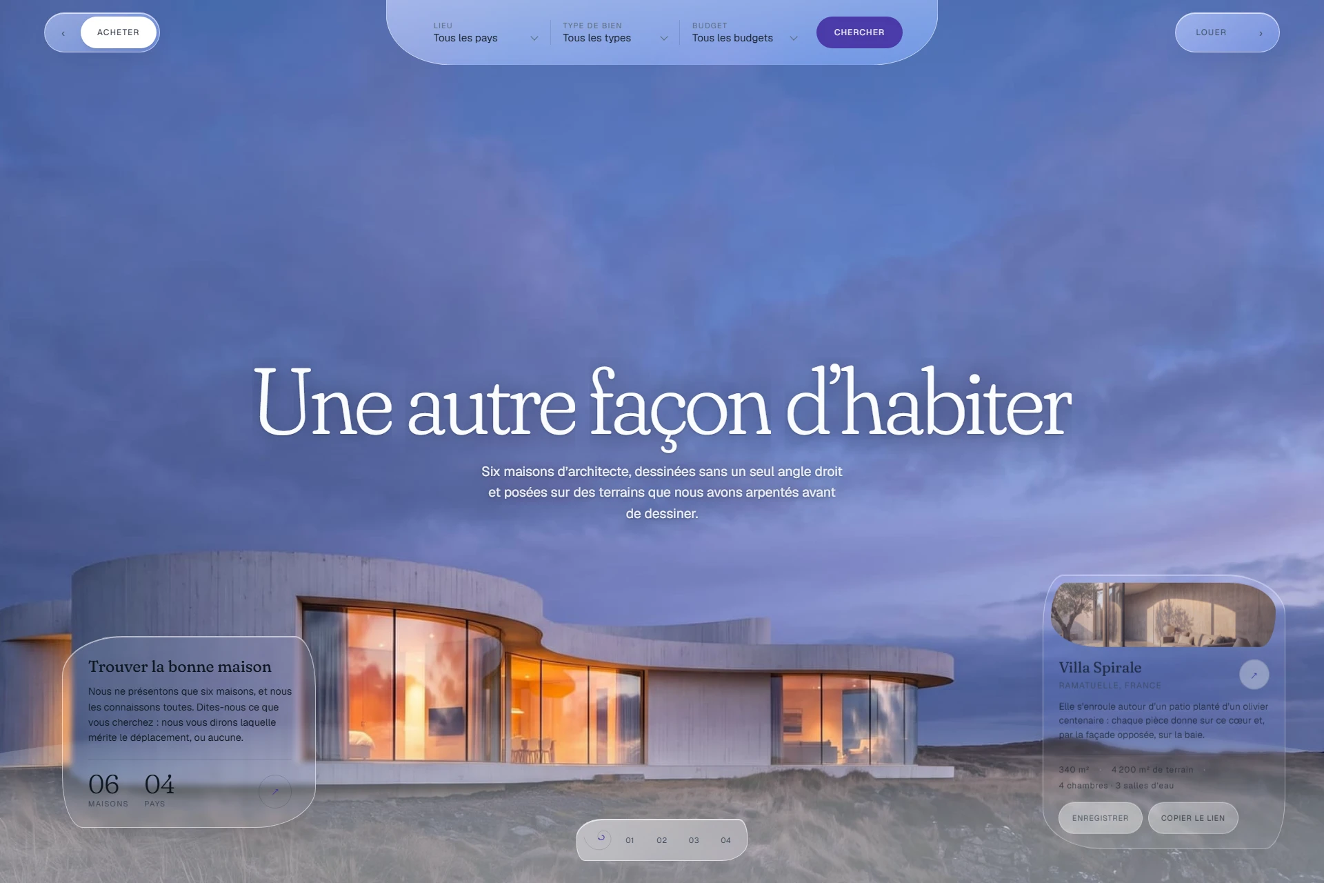 Aperçu du site Nautile : titre « Une autre façon d'habiter », recherche de maisons d'architecte et fiche de la Villa Spirale